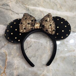 Disney Shanghai Park Black Jeweled Studded Gold Minnie Mouse Ears Headband